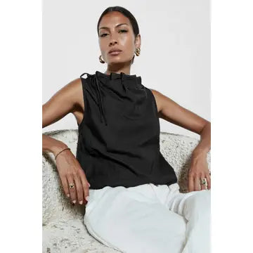 Cinched Mock Neck Sleeveless Top in Brown & Black - Jaunts Boutique 