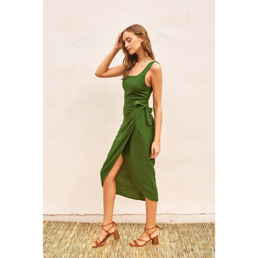 Heaven Sent Tulip Hem Midi Wrap Dress in Ibiza Green - Jaunts Boutique 