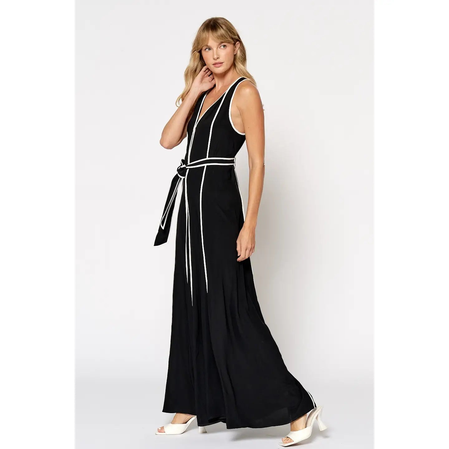 Lalavon Contrast Binding Detailed Wide Leg Jumpsuit in Black - White