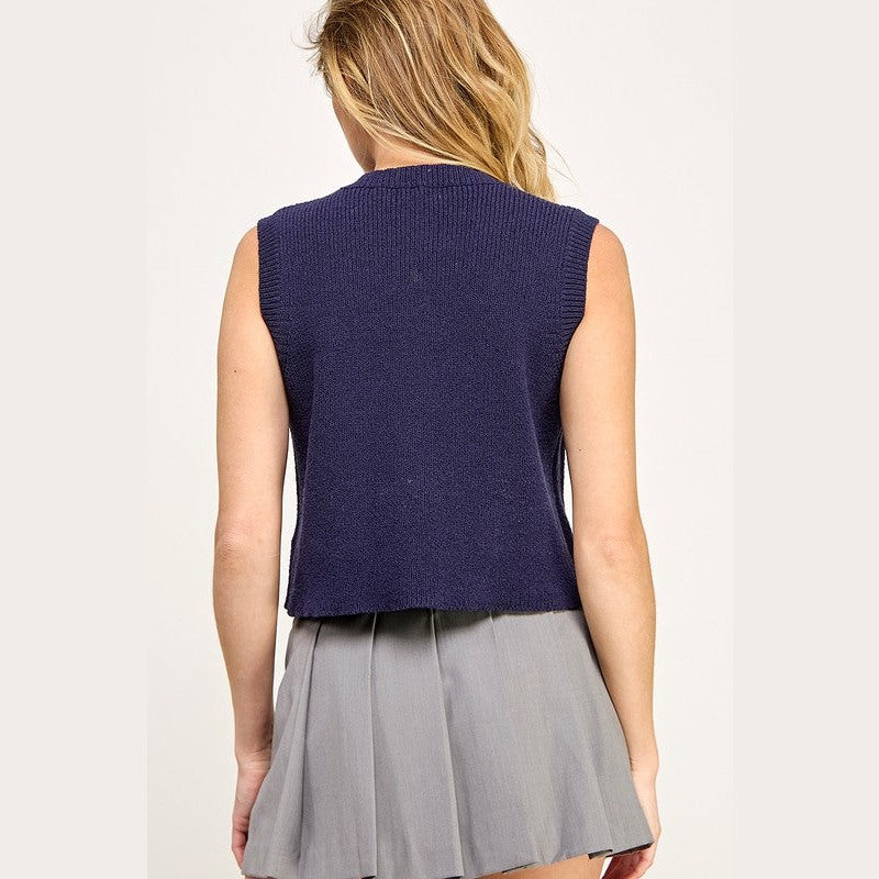 Button Down Waistcoat Sleeveless Sweater in Off White and Navy