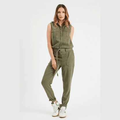 Military Sleeveless Zipper Belted Jumpsuit