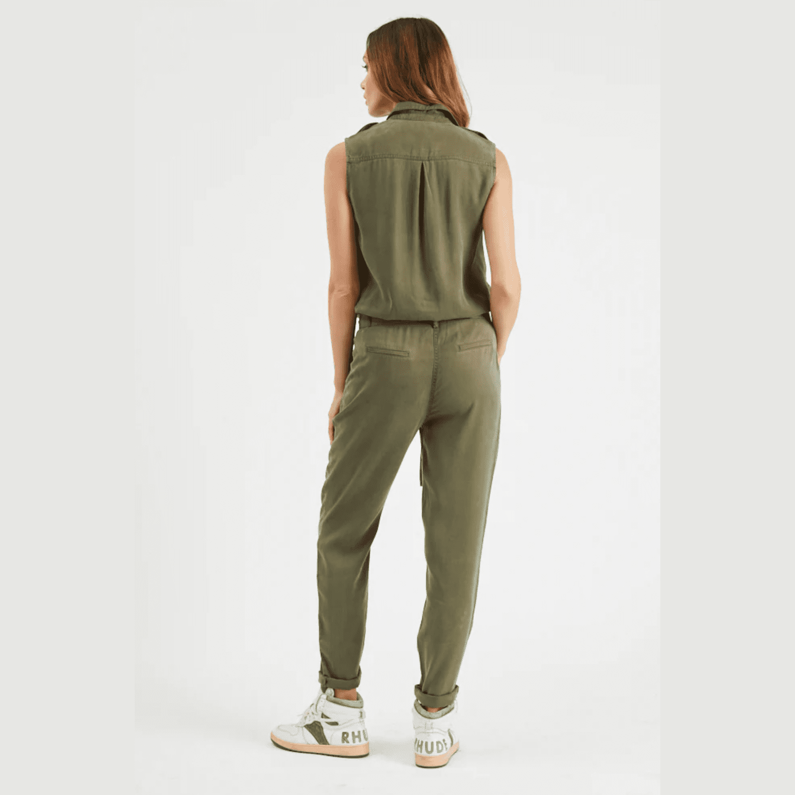Military Sleeveless Zipper Belted Jumpsuit