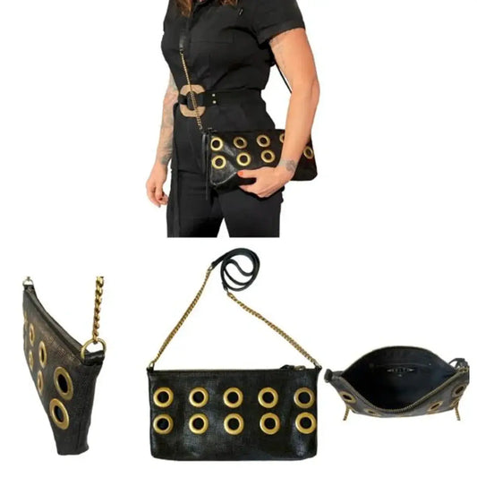 Kim White Black Leather Grommet Crossbody Bag