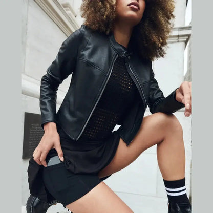 Cropped Black Spanx Women's Leather Like Moto Jacket - Jackets Masters